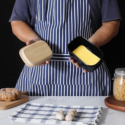 Miniatura 6 de HAOTOP Mantequillera de porcelana perfecta para 4 barras de mantequilla, recipiente de mantequilla grande de cerámica con tapa (negro)