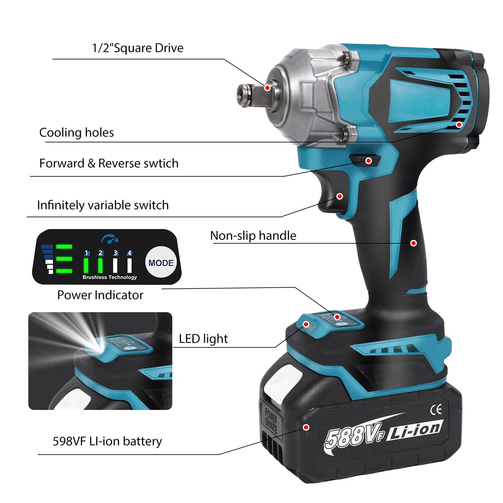 Llave de impacto inalámbrica de 1200 N.m – 1/2 pulgadas con motor sin escobillas 6700 RPM, 4 velocidades ajustables, LED, batería de 21 V, para casa/coche/bricolaje (2 baterías)