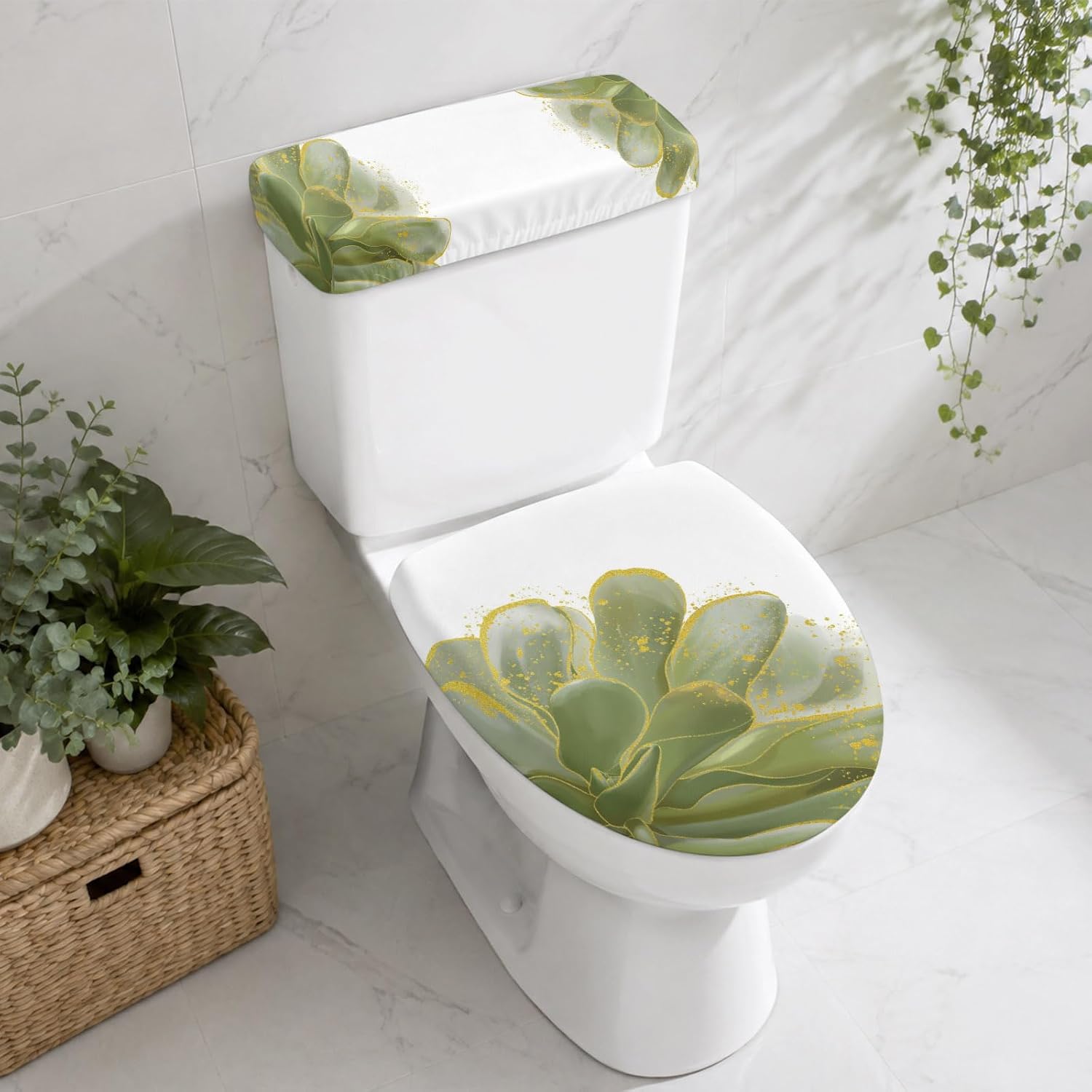 BEMIGO Sage Green Gold Toilet Lid Cover and Tank Cover Set, Stretch Fabric Toilet Covers with Elastic Edge, Aesthetics Flower Boho Watercolor Art Universal Lid Protector for Home Hotel Bathroom Decor