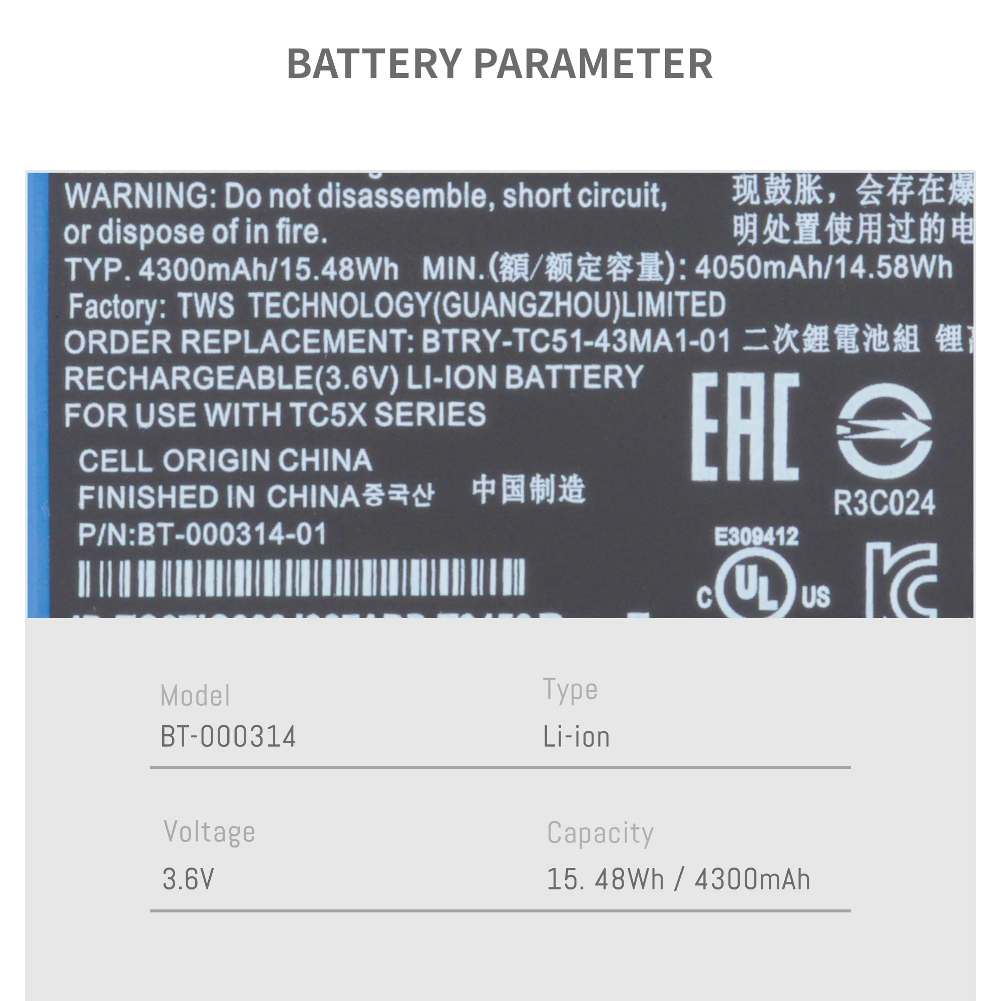 Amazon.com : BT-000314 battery for Zebra TC51 TC52 TC56 TC57 TC510