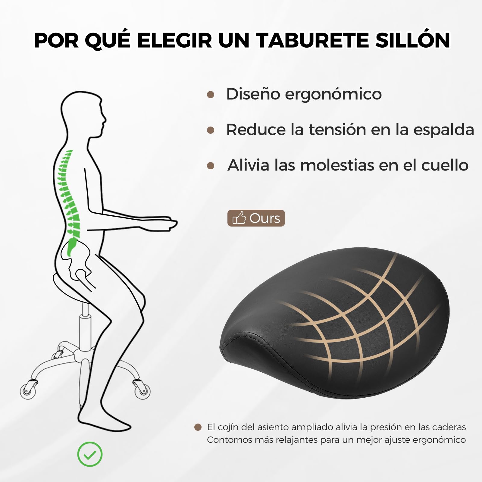 BEWISHOME Taburete Ergonómico de Silla de Montar con Ruedas, Ajuste Hidráulico Altura, Cojín Asiento Más Ancho, Adecuado a Peluquerías, Oficinas, Centros Masajes y Salones Belleza (Negro)