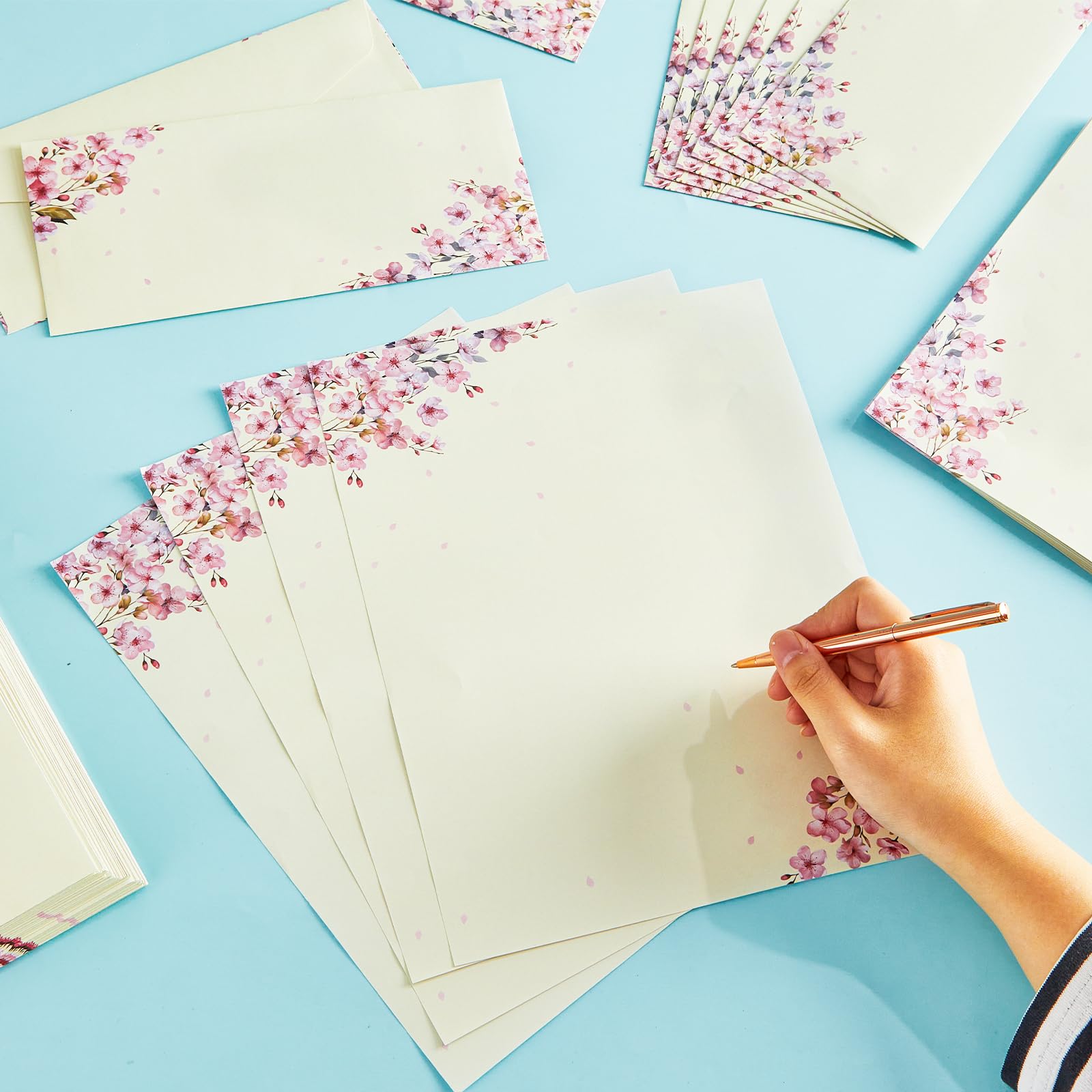 50 membretes de flores de cerezo con sobres, flores de cerezo, papel de computadora, papel de papelería floral rosa para notas a invitaciones de boda, suministros de impresión de oficina, escuela, 8.5