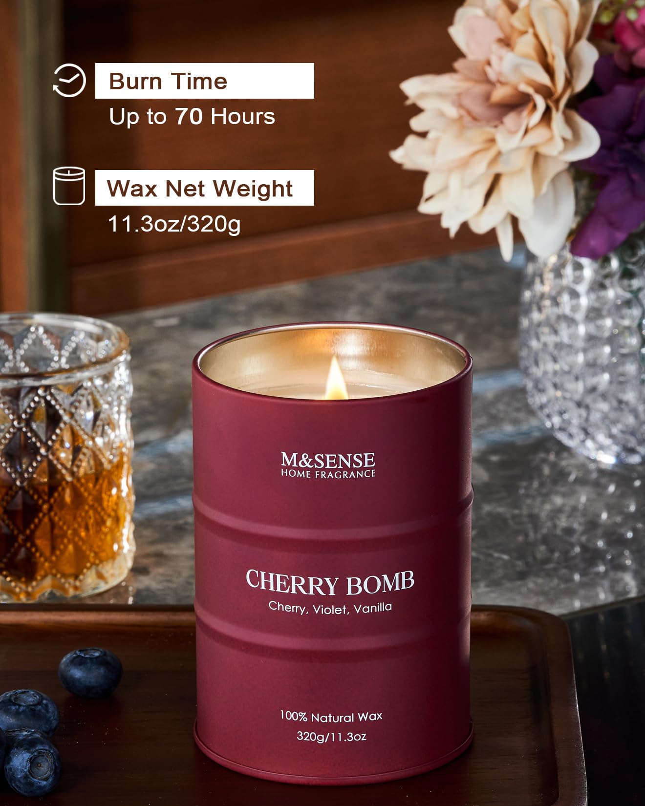 M&SENSE Candele profumate alla ciliegia, candele dolci per la casa, candele naturali in cera di soia, candele da regalare alle donne, 70 ore di combustione, 11,3 oz