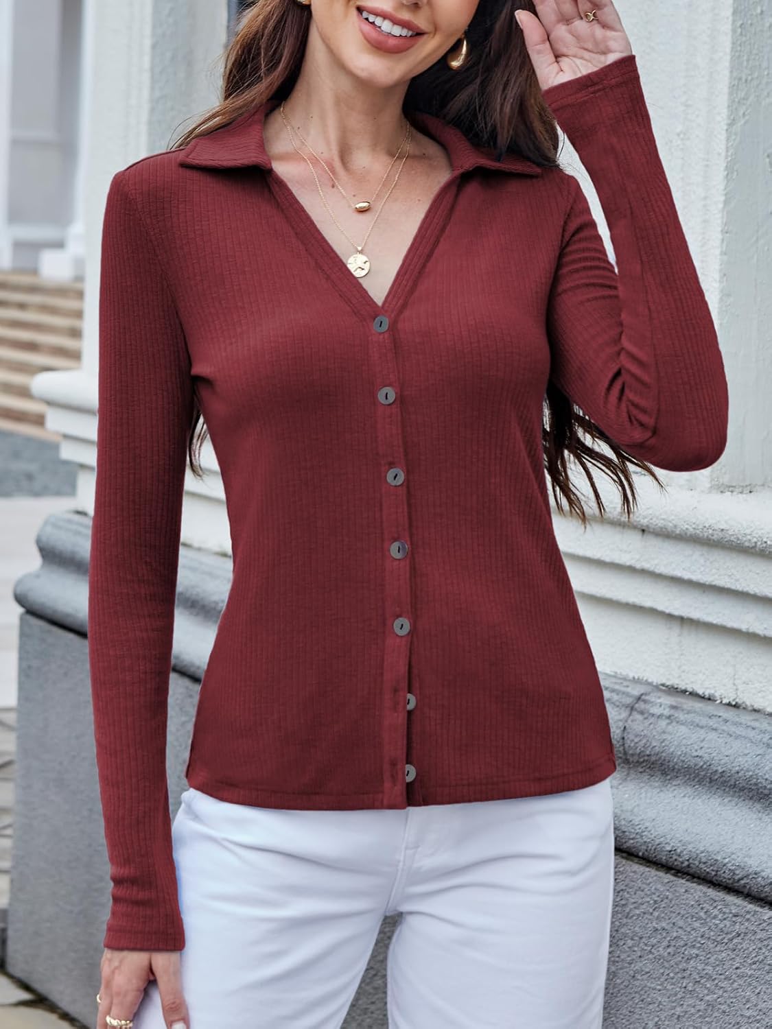 BAISHENGGT Womens Soft Ribbed Knit Polo Shirts Collared V-Neck Button Fastening Long Sleeve Going Out Tops - Image 2