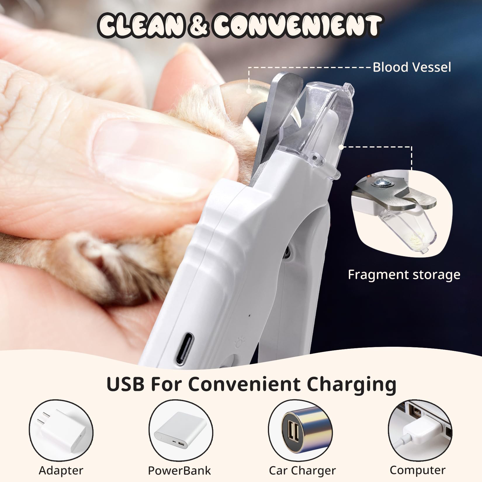 2-in-1 Dog Nail Trimmers & Dog Nail Grinder, Dog Nail Clippers with 2 LED Lights & Safety Guard, USB Rechargeable, Multiple Grinding Methods for Small, Medium, and Large Dogs & Cats (White) - image 5