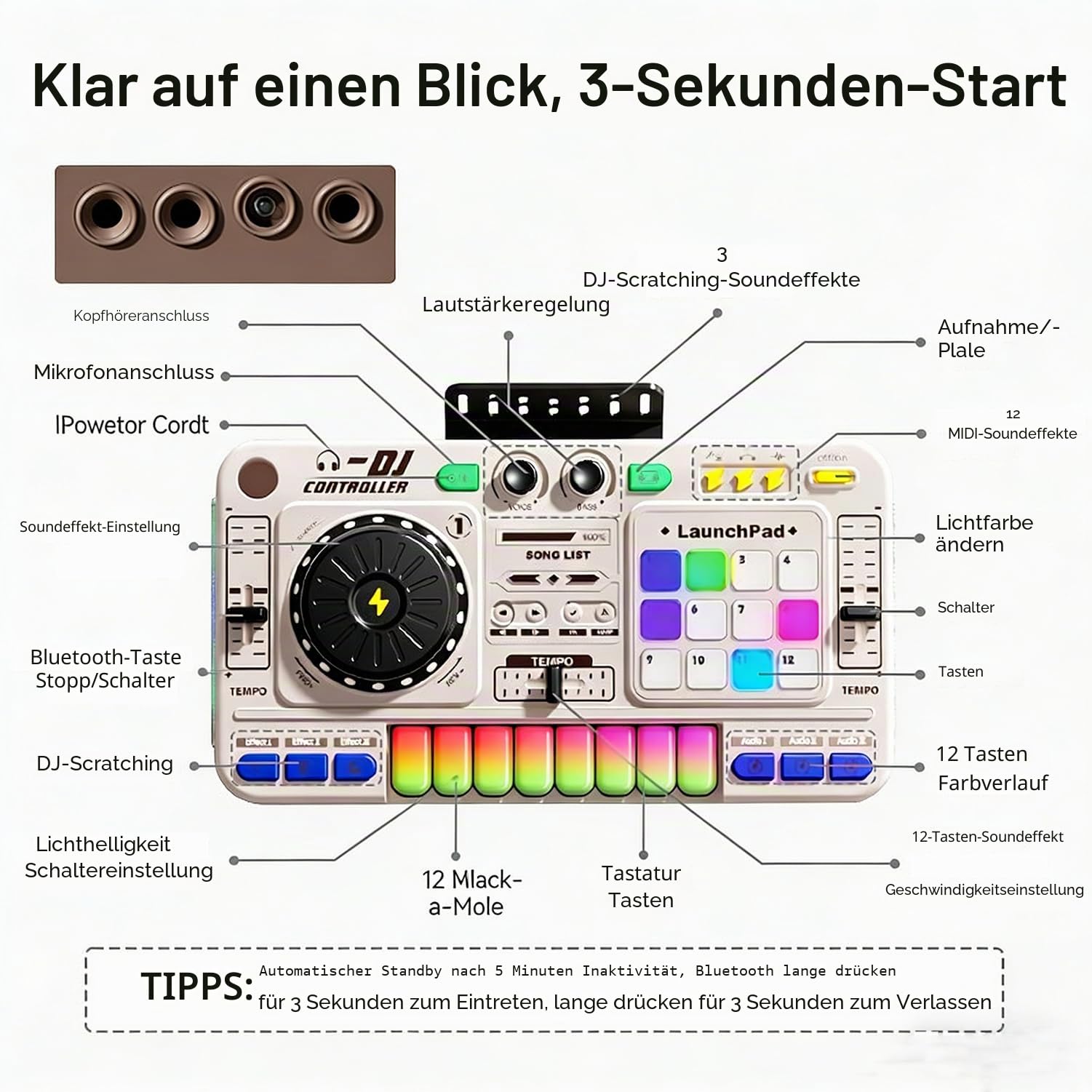 Dj Pult Anfänger,Dj Pult Kinder,Dj Mischpult Kinder,Tragbare Dj-Station,Dj-Maschine Für Kinder,Bluetooth Mit Einstellbarem Mikrofon,Lichtverlauf,Geeignet Für Kinder Im Alter Von 3-12 Und Anfänger