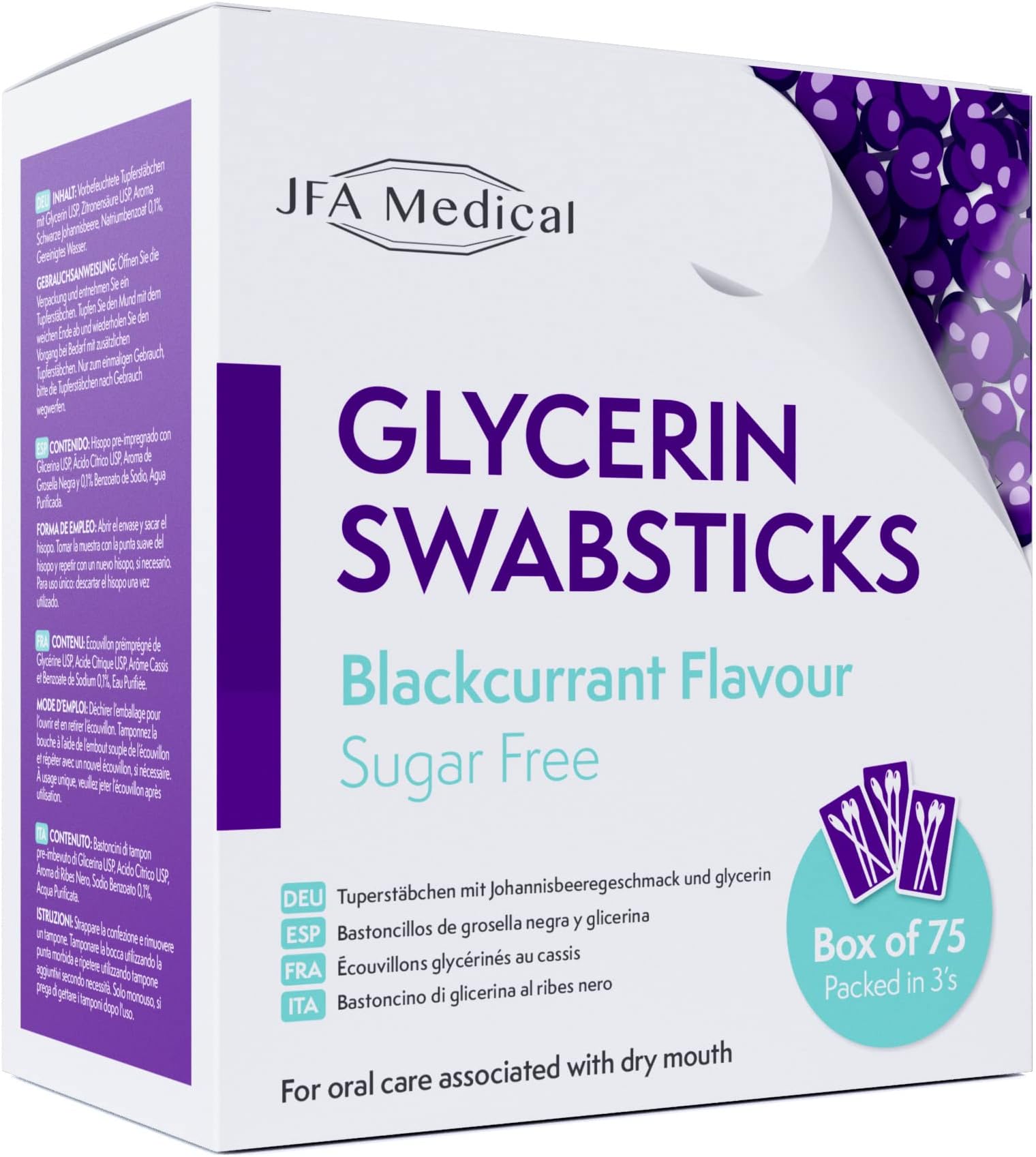 Glycerin Swabsticks Blackcurrant Flavour Sugar Free Swab Sticks for Dry Mouth - Box of 75