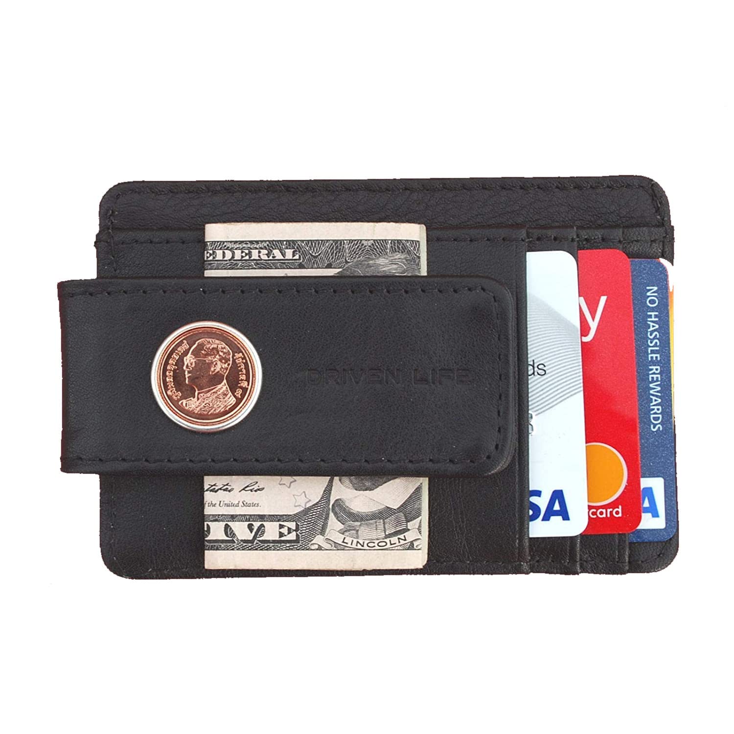Thailand 50 Satang 1/2 Baht Coin Full-Grain Black Leather Magnetic Money Clip Wallet & Card Holder RFID Blocking - King Vajiralongkorn
