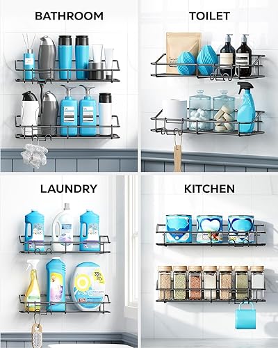Vista 35 de Nieifi Estante de almacenamiento adhesivo de acero inoxidable sin perforar con ganchos para baño, lavabo, baño, baño, cocina, paquete de 2