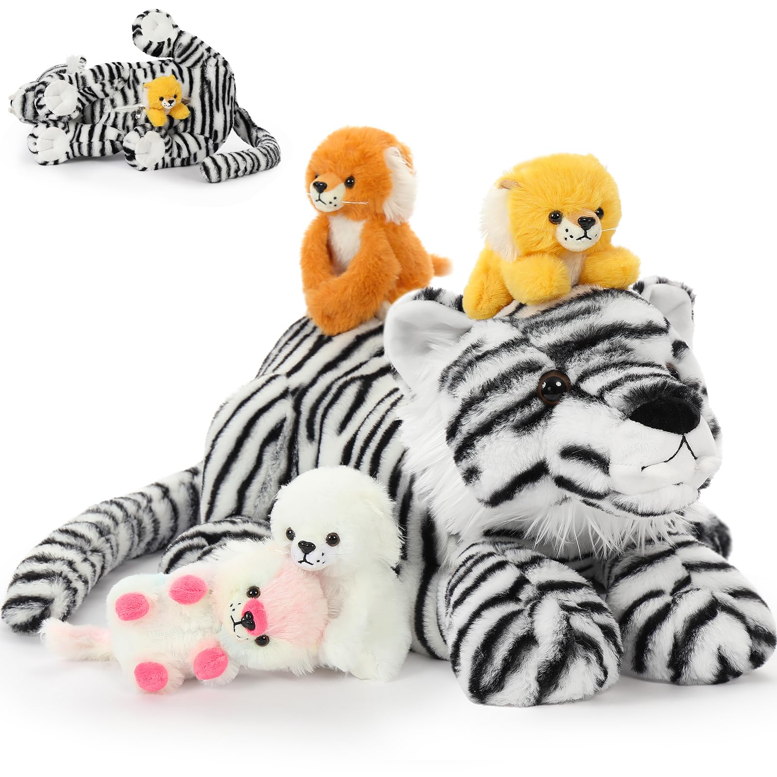 Tezituor 5 Pcs Tiger Stuffed Animals Set, 20 Inch Large Mommy Stuffed Tiger Plush with 4 Babies Toy, White Tiger Plush Pillow for Girls Boys