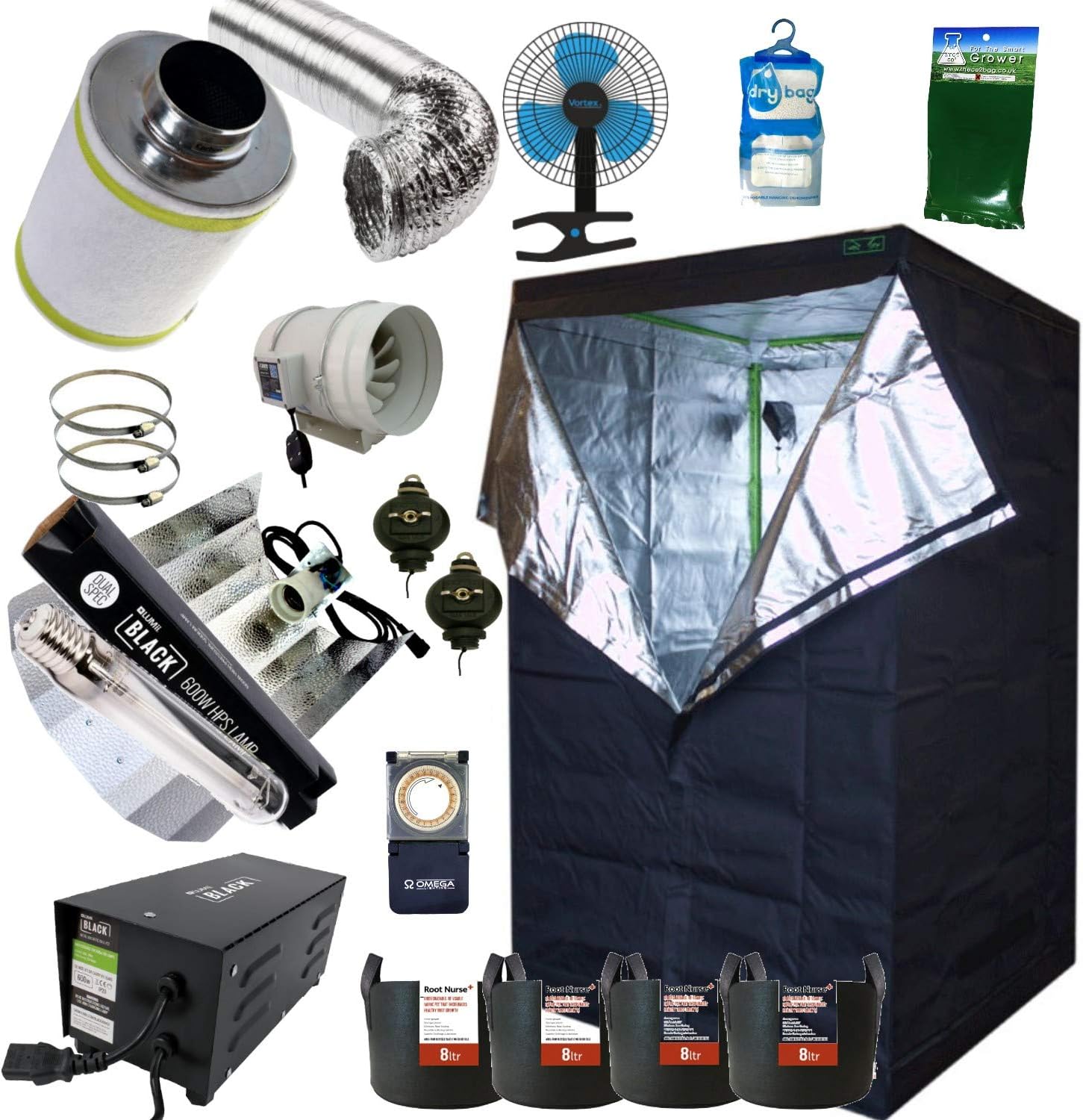 Best Complete Grow Room Full Setup 1.2 x 1.2 x 2m Grow Tent 5" In-Line Fan, Carbon Filter 600w PRO Light Kit Hydroponics