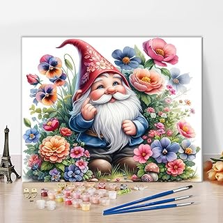 TISHIRON Gnome Paint by Number Garden Gnome with Flowers Paint by Numbers Kit for Adults, Digital Painting with Brushes and Pigment for Home Wall Decoration, 16x20 Inch