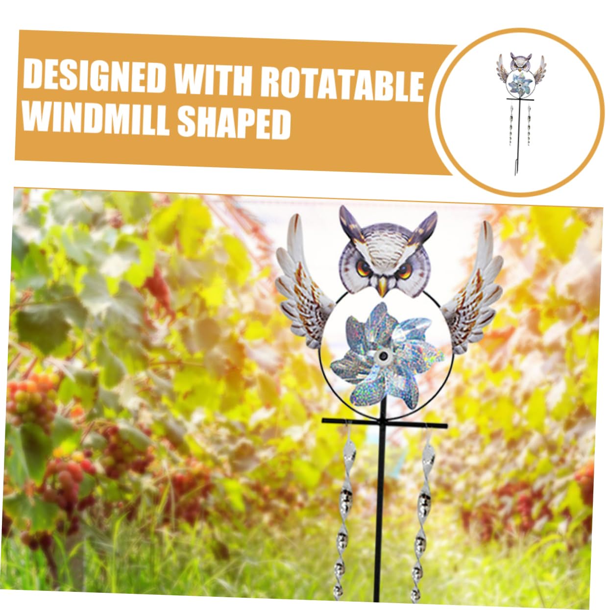 Happyyami Girandola Decorativa per Uccelli Metallo Forma di Gufo Spaventa Uccelli per Giardino e Cortile Facile da Installare Strumento per Scacciare Piccioni e Altri Volatili
