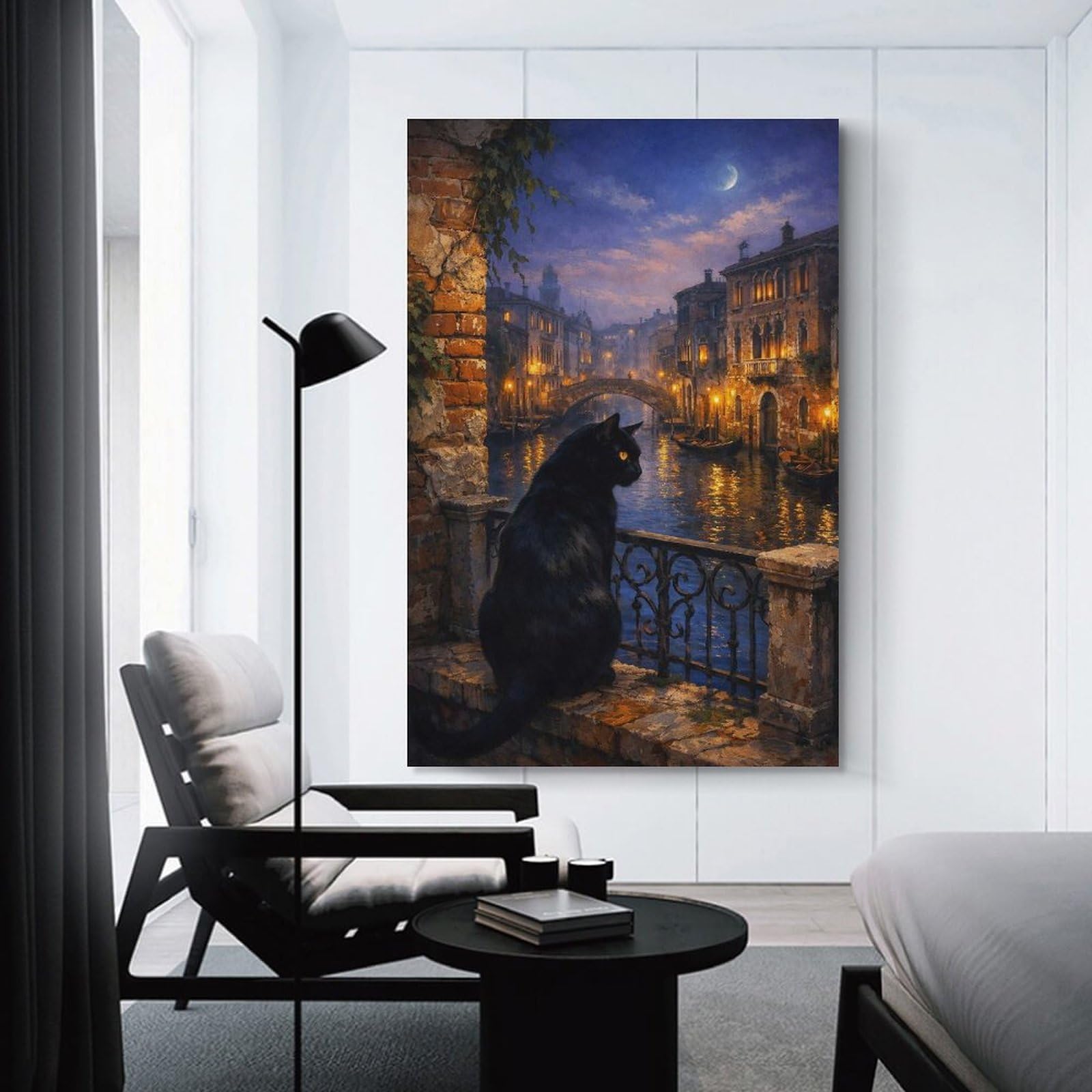 Junmoney Black Cat in Venice at Night Canvas Wall Decor, 20x30inch(50x75cm), for Art Walls, Layered Displays Or Homes, Home Wall Art for Statement Displays