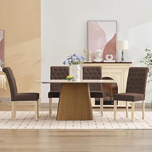 Miniatura 15 de LOULENS Juego de 2 sillas de comedor de tela, modernas sillas Parson tapizadas de lino con ribete de cabezas de clavos, botones acolchados, patas de