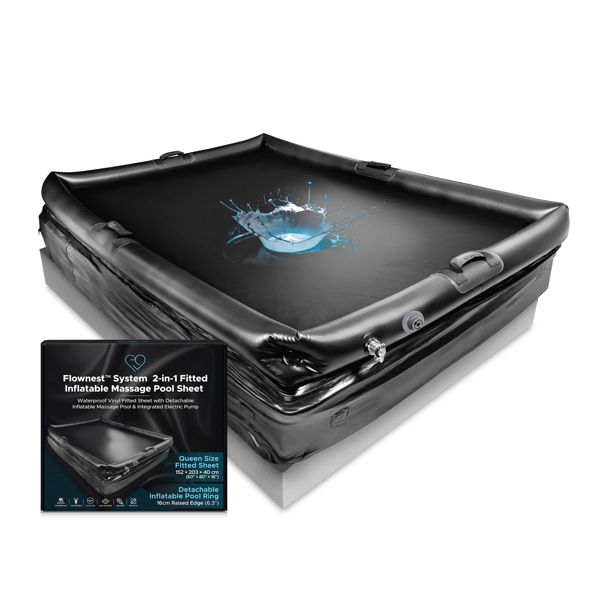 Drap de massage gonflable Flownest, format Queen (152 x 203 cm) | Drap en vinyle imperméable 2-en-1 avec anneau de piscine gonflable amovible et pompe USB-C intégrée : tapis de massage glissant en PVC