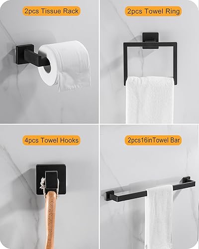 Miniatura 3 de Hinmood Juego de accesorios de baño negro mate, juego de 5 toallas de baño de 24 pulgadas, juego de 5 piezas, juego de toallero cuadrado de acero