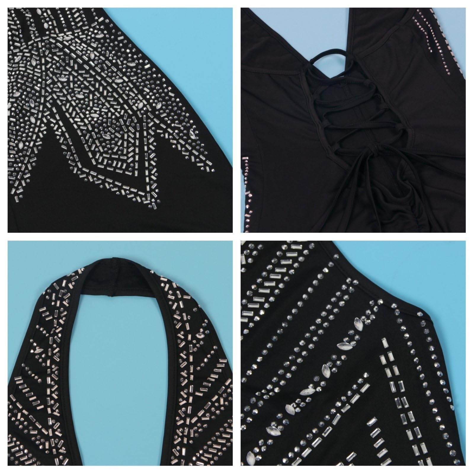 Damski pajacyk bez rękawów Rhinestone Lace Up Deep V Neck Halter Clubwear Body