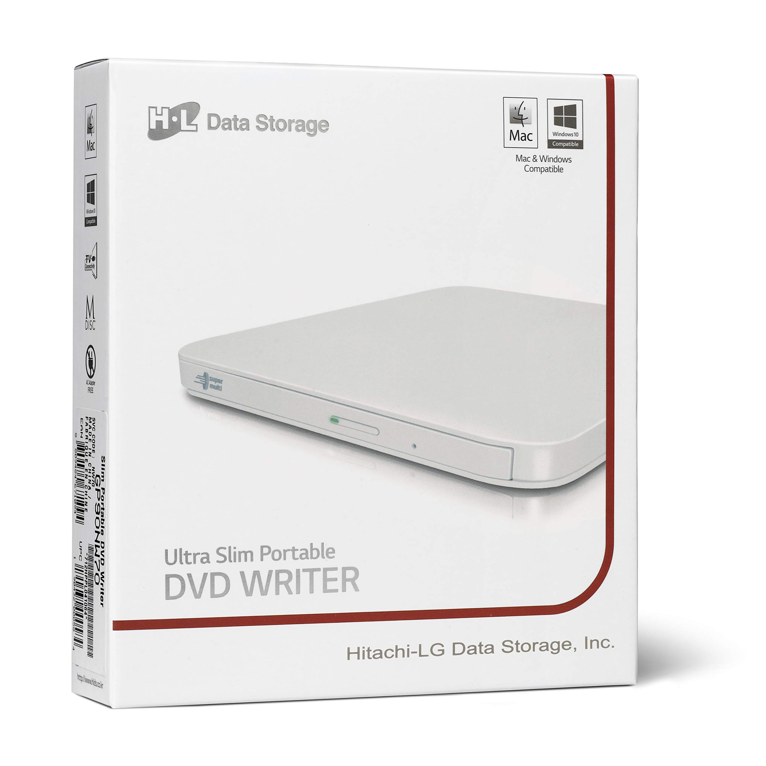 Hitachi-LG GP90NW70 External DVD Drive USB 2.0 Ultra Slim Portable DVD-RW CD ROM Rewriter for Laptop Desktop PC Windows and Mac OS with TV Connectivity - White