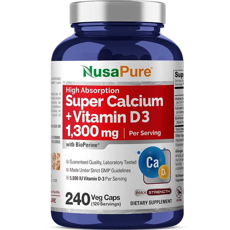 NusaPure Suplemento de Cálcio com Citrato de Cálcio, Vitamina D3 e Bioperine 1300 mg + 125 mcg, 240 cápsulas vegetais