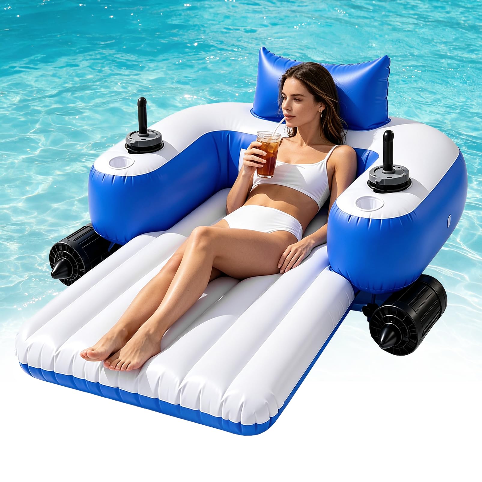 Materassino Gonfiabile motorizzato per Adulti, Poltrona Galleggiante elettrica con Doppio Joystick e Rotazione a 360°, portabibite, Doppio Motore per Piscina, Lago e Spiaggia, Relax Estivo