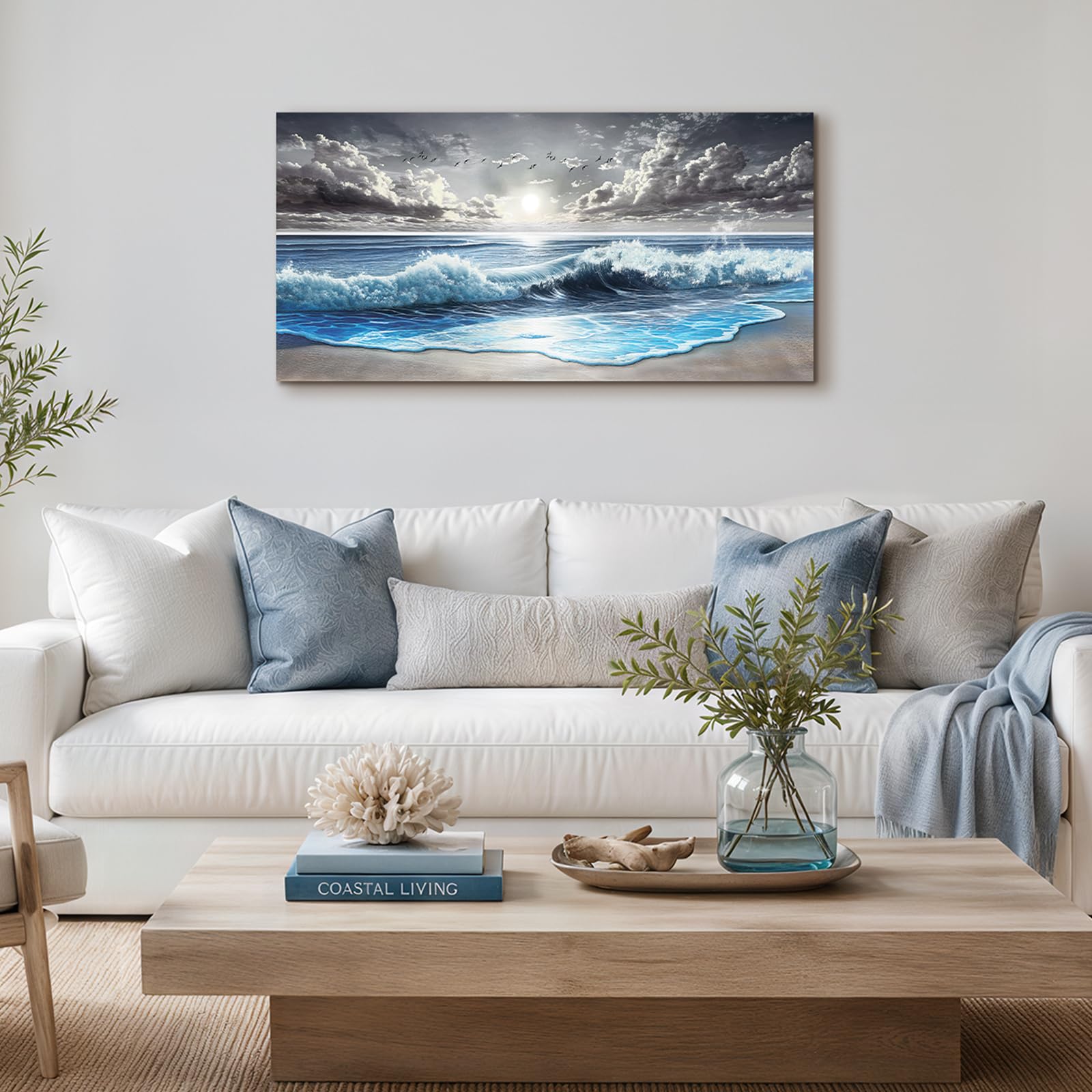 SERIMINO Cuadros Decoracion Laminas Playa Mar Modernos Grandes 50x100 cm | Costa Azul Ondas, Lona Protegida Madera, Impresión Hd Nítido, Montaje Sencillo, Multi Espacios