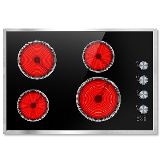 30 Inch Electric Cooktop, 4 Burner Electric Stove Top with Knob Control, 6700W Stove Top Burner with Overheat Protection, Child Lock, Timer, Durable Metal Frame, Bulit-in Glass Top 220-240V Hardwired