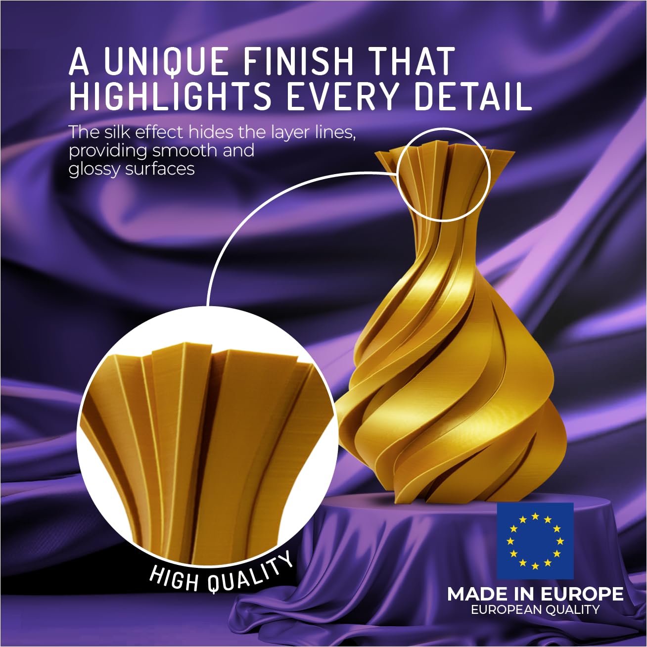 WINKLE Jedwabny filament PLA (jedwab) złoto królewskie | Filament do drukarki 3D | Filament PLA 1,75 mm 300 g | PLA Gold | gładkie i jedwabiste wykończenie | dokładność wymiarowa | cewka 300g