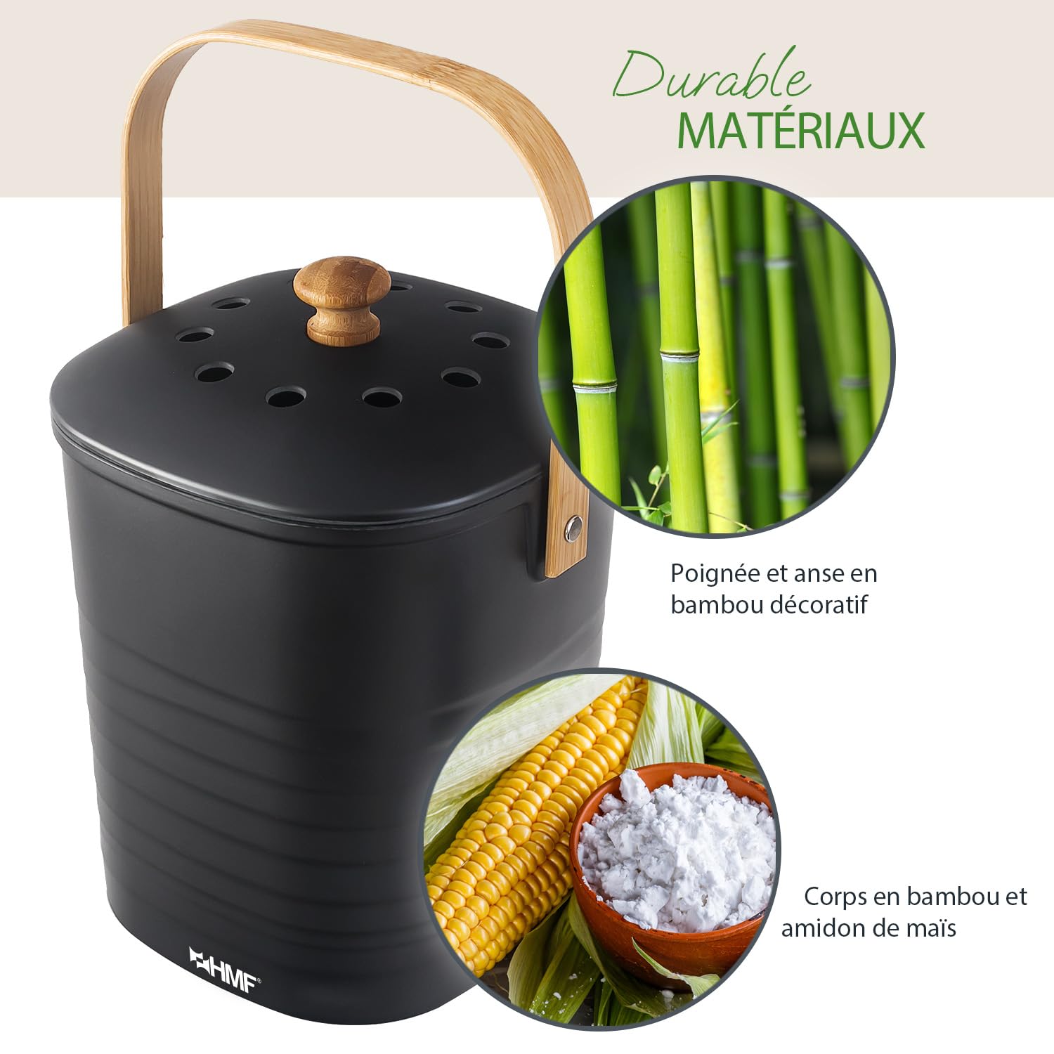 HMF Seau à Compost 3 L Noir Poubelle Bio Durable avec Couvercle