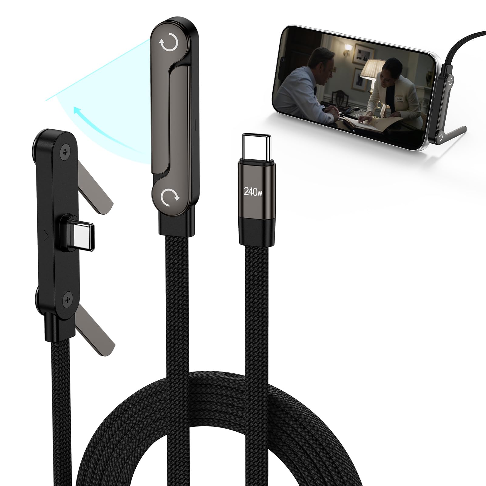 Cavo USB di tipo C di ricarica rapida 240w 1,5 m con supporto invisibile | Cavo USBC a forma di T con cavalletto pieghevole ad angolo di 90°, cavo di ricarica piatto per Samsung Galaxy S26 Ultra S25