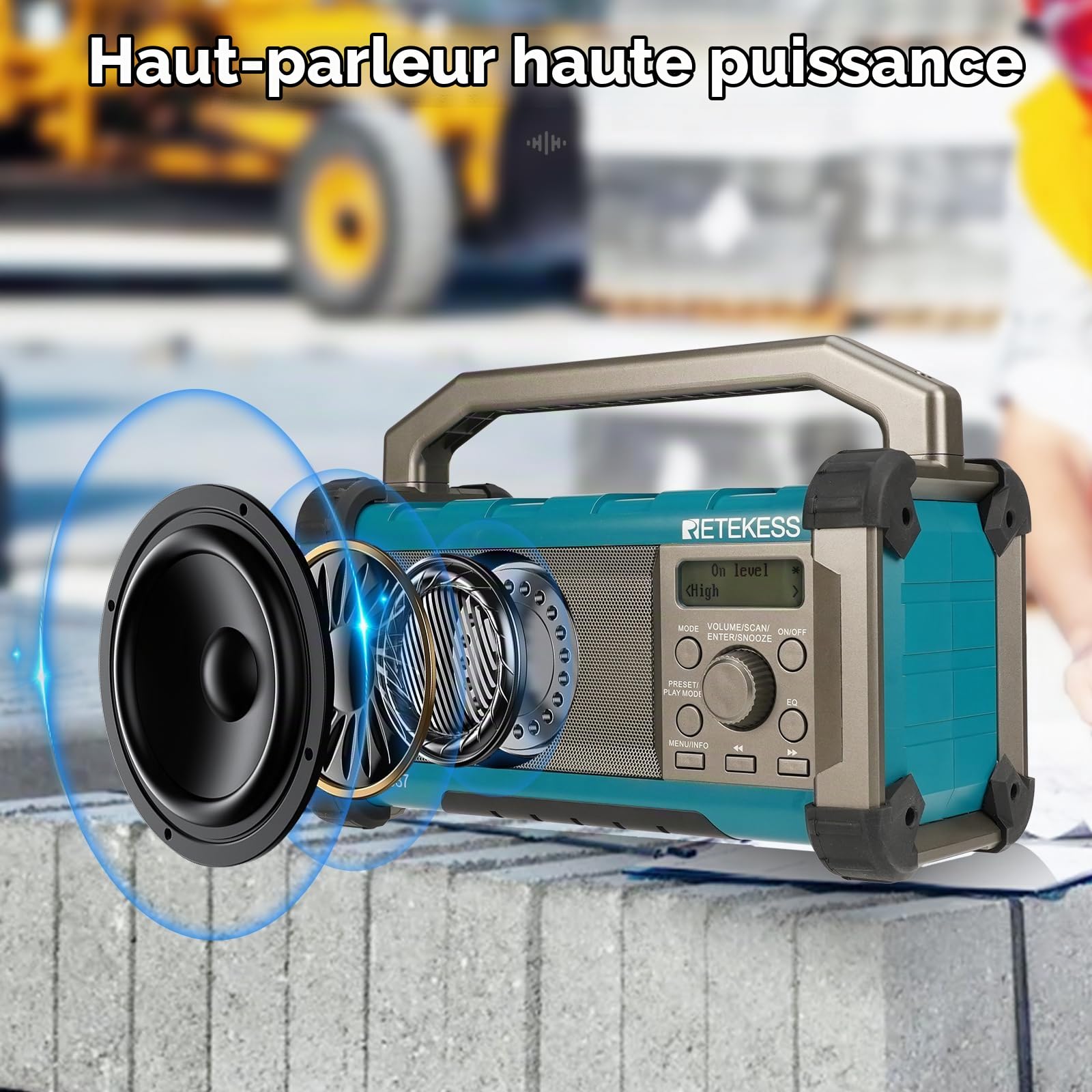 Retekess TR637 Radio de Chantier, Radios Portable | pour Chantier, Poste de Travail, FM/AM, 5000mAh Batterie, Étanche, Résistant aux Chutes, Port USB, Poignée