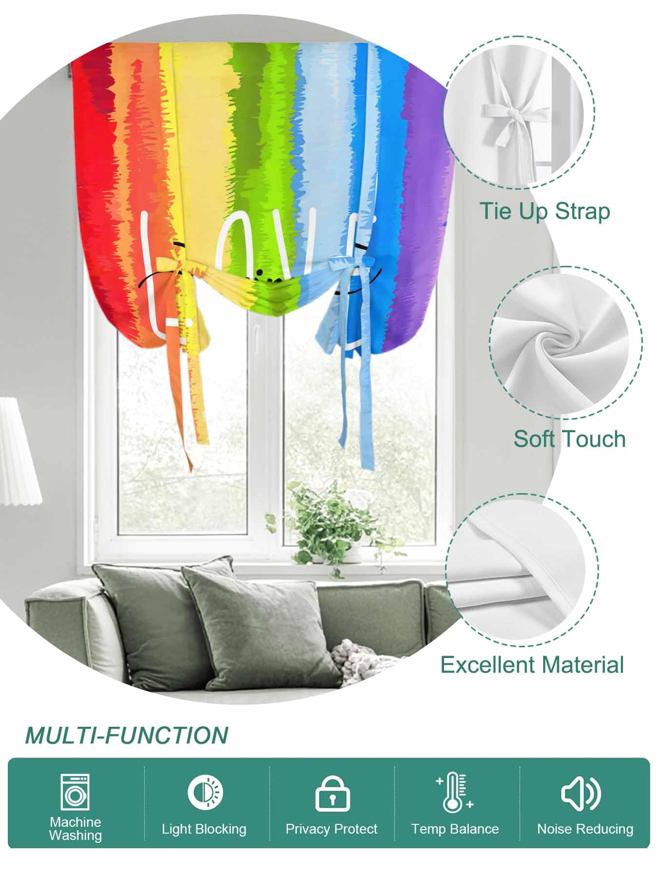 Tie Up Curtains for Windows Rainbow Roman Shade 46 x 63 Inch Bathroom Curtain Window Cartoon Colorful Gradient Striped Funny Art Rod Pocket Short Balloon Curtains for Living Room Kitchen Small Blinds