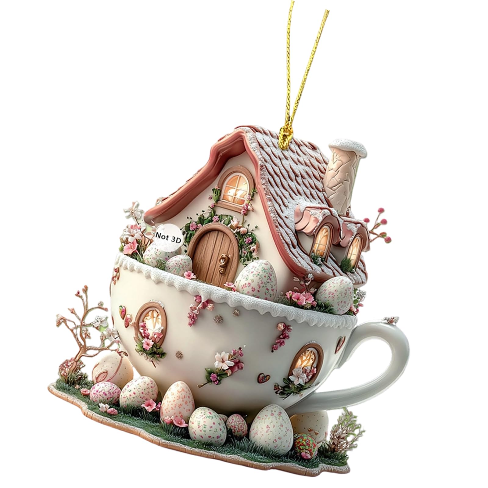 Jkrnejgr D Car Mirrore Decoration With Easter Rabbits Coffee Cup House Acrylic Keychain Pendant For Spring Theme Accessory Flat Ornament Ecoration