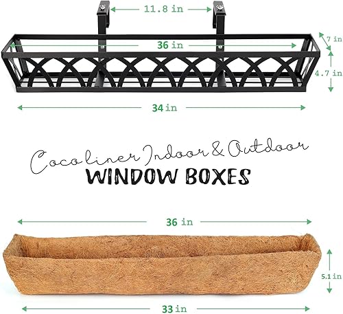 Miniatura 9 de Barandilla para ventana, cesta colgante de metal negro de 24 pulgadas con forro de coco para balcón, porche, valla, patio, hogar, oficina y hotel