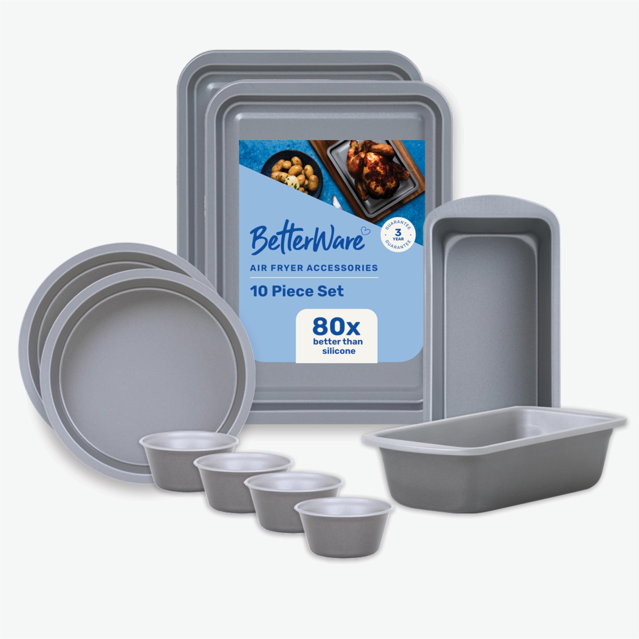 BetterWare Air Fryer Accessories 10 Piece Set | Includes 2X Rectangular Trays, 2X Round Tins, 2X Rectangular Deep Tins & 4X Round Deep Tins | Dishwasher & Freezer Safe | Ideal for Larger Air Fryers