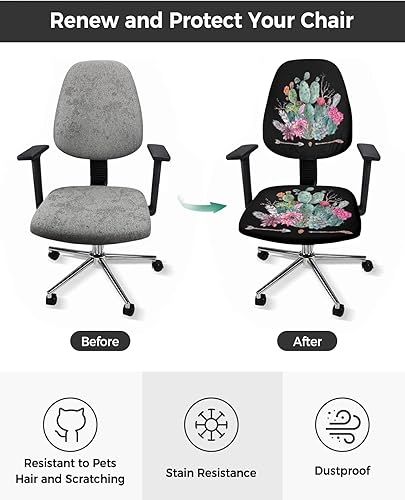 Miniatura 3 de Funda para silla de oficina, diseño de flechas de cactus tropical, color negro, funda protectora y elástica para silla de escritorio, silla de