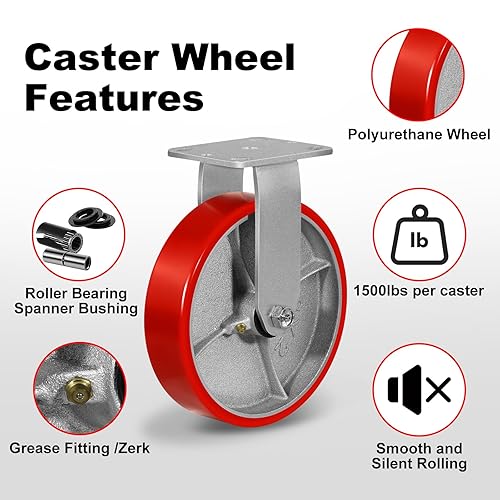 Miniatura 3 de Ruedas resistentes, ruedas rígidas industriales de 8 x 2 pulgadas con capacidad total de 6000 libras, juego de 4 ruedas de poliuretano para