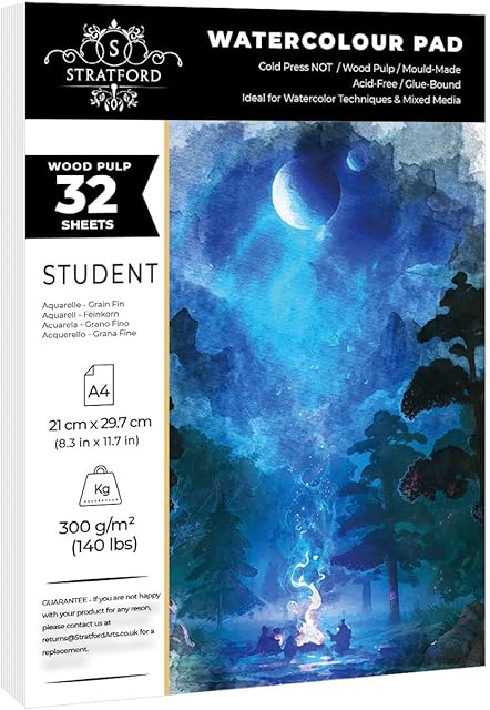 Stratford Beginner Watercolour Paper Pad A4 32 Sheets 300gsm Cold Pressed Student Grade Wood Pulp for Art and Mixed Media