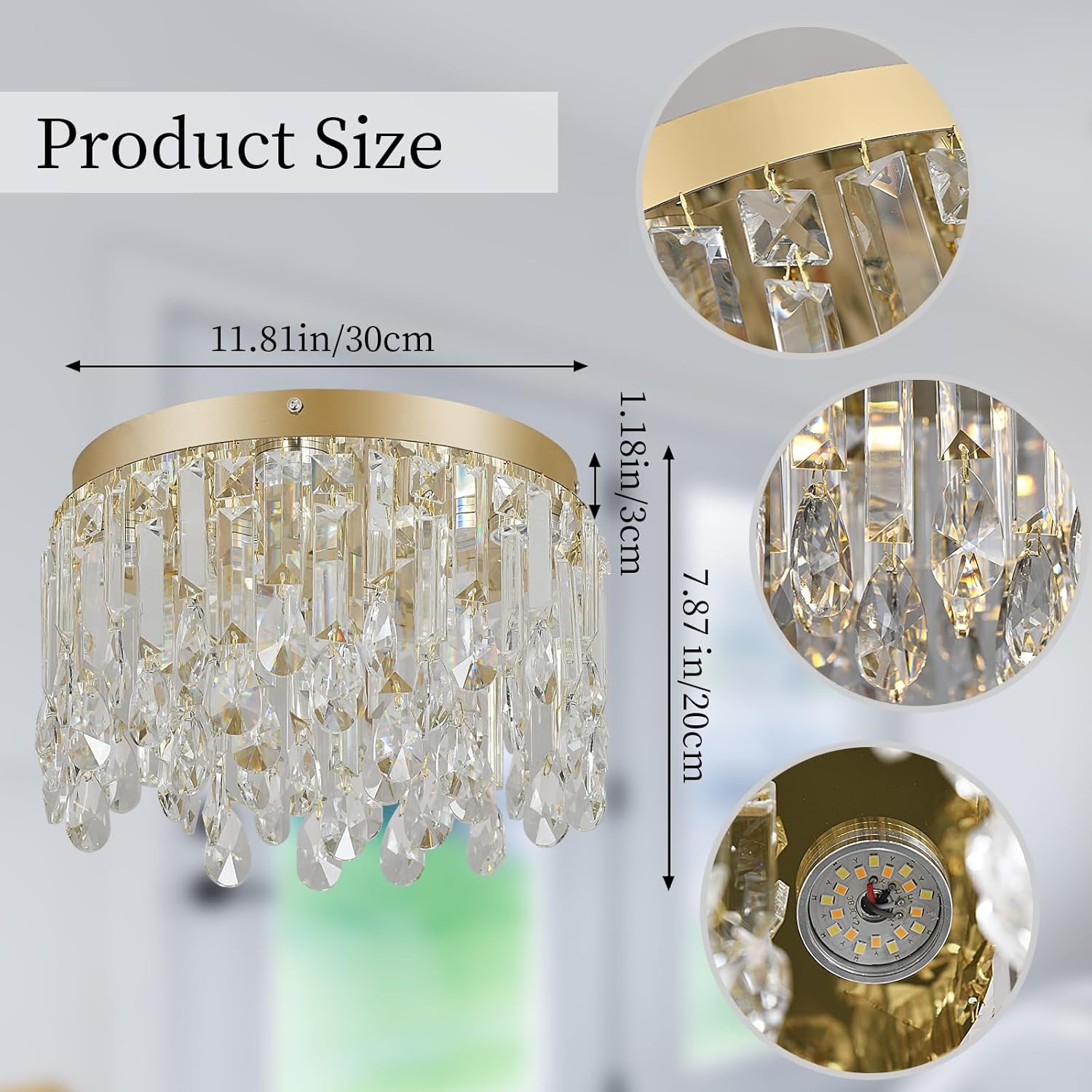 Deckrico 11.8" Gold Crystal Flush Mount Ceiling Light Fixture, Modern Close to Ceiling Chandelier with Tri-Color LED Lighting for Bedroom Hallway Dining Room