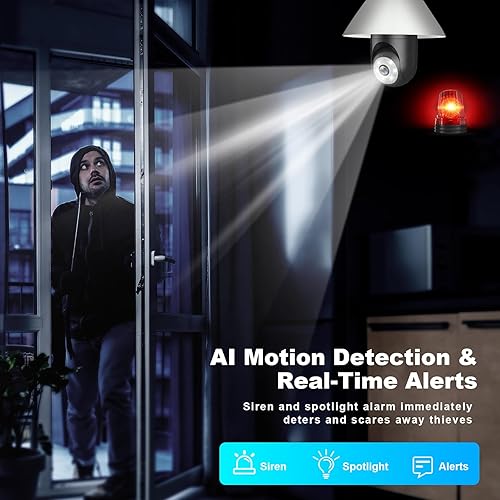 Miniatura 7 de AlkiVision Cámara de seguridad inalámbrica con bombilla 2K para exteriores, cámaras de detección de movimiento AI de 360 para seguridad del hogar