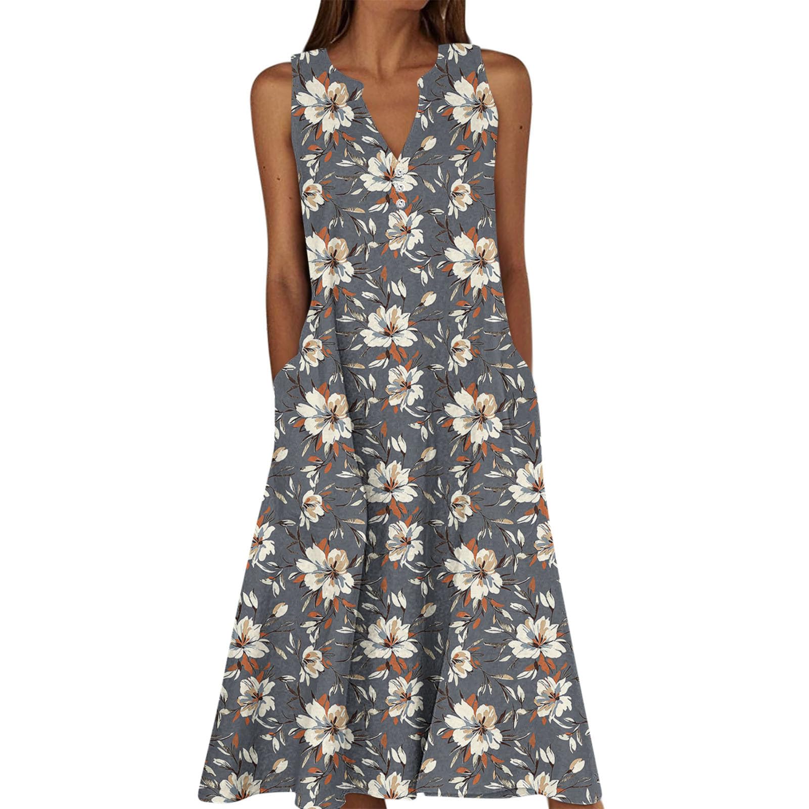 Summer Floral Print Midi Dresses for Women Boho Sleeveless V Neck Tank Dress Beach Vacation Sundress with Pockets — view 18