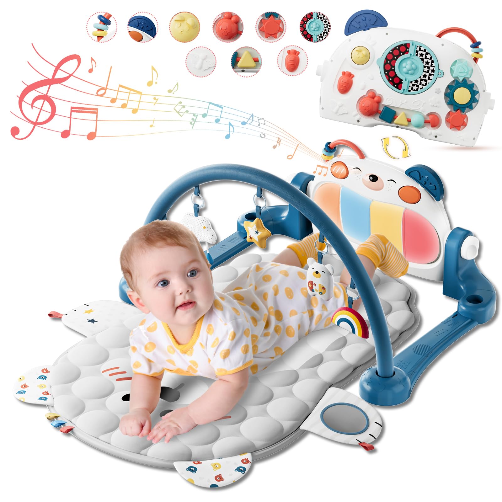 Baby Play Gym Mat, Kick and Play Piano Mat for Babies, Infant Tummy Time Activity Playmat with 5 Detachable Toys, Easy to Install & Clean