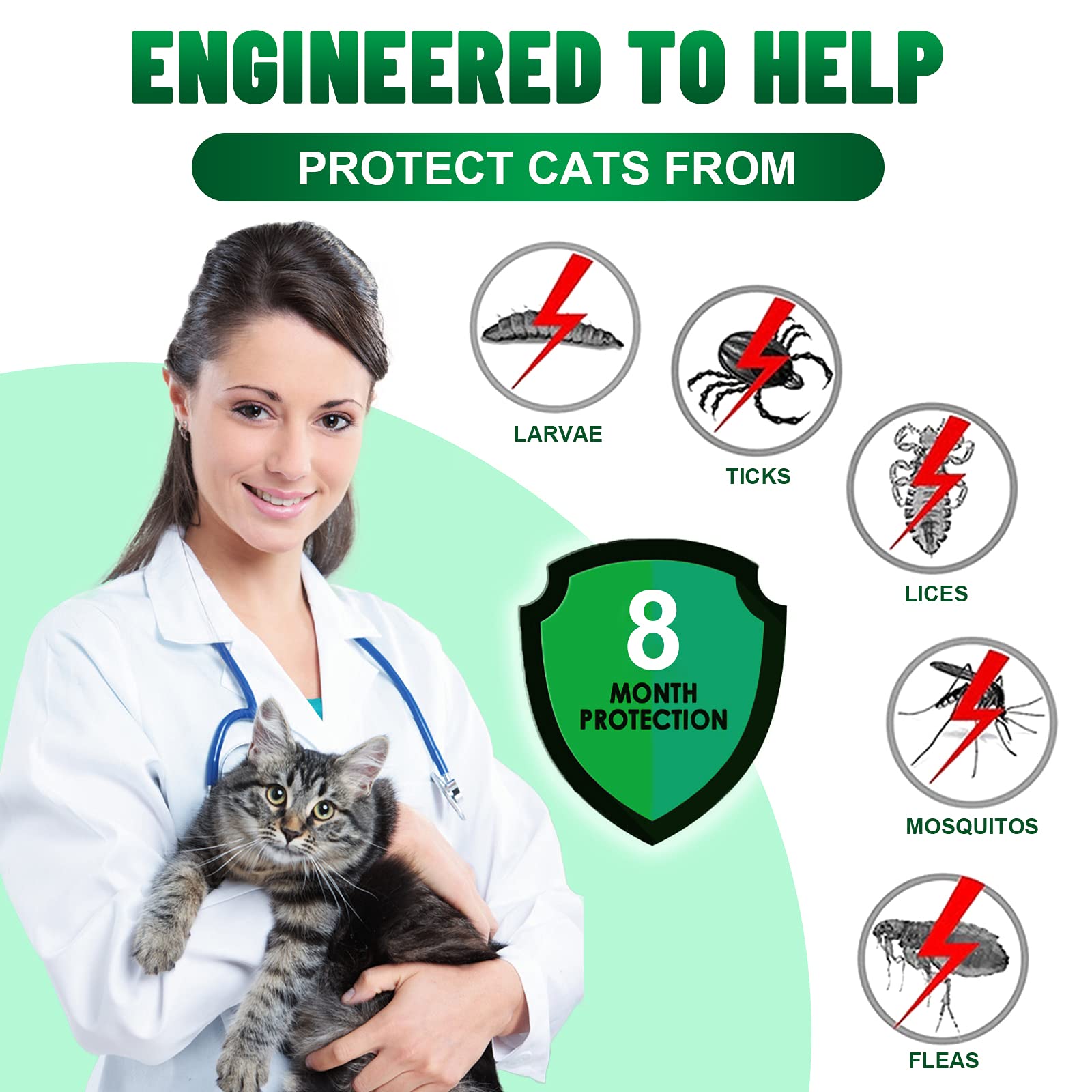 Collare Antiparassitario per Gatti, Collare Antipulci per Gatti Impermeabile Regolabile Naturale con Protezione di 8 Mesi, Si Illumina al Buio, Soluzione Sicuro Contro i Parassiti per Gatto