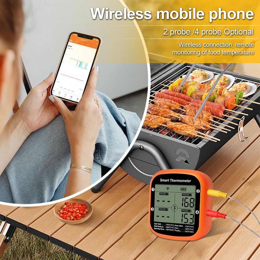 Luocute Termómetro Inteligente para Carne, Inalámbrico Digital con 2 o 4 Sondas, Control de Aplicación para Cocinar, Pantalla LCD Grande, Alarma de Temperatura, para Barbacoa, Parrilla, (4 sondas)