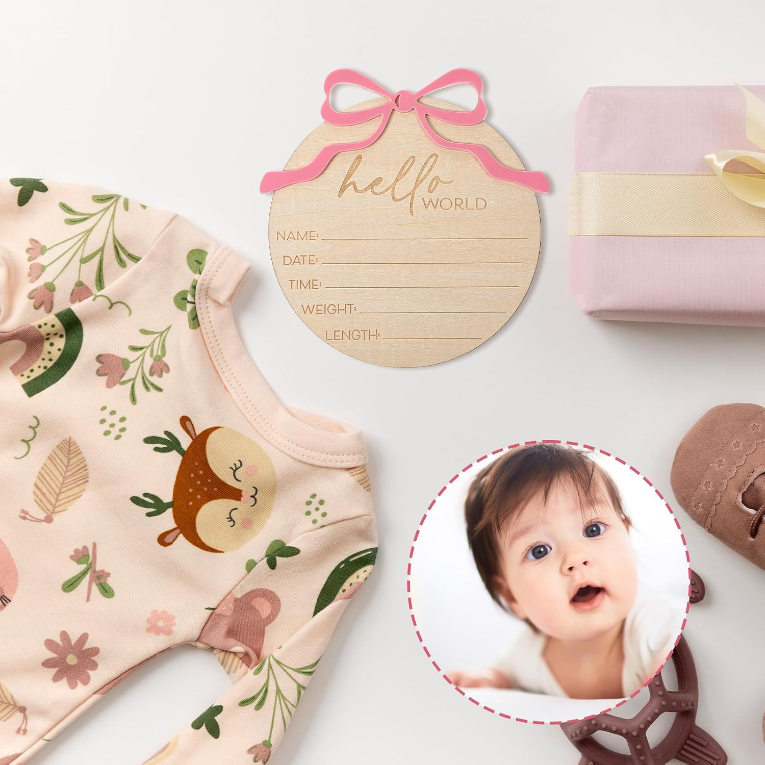 Baby Announcement Sign, Pink Bow Welcome Baby Sign, Wooden baby Name sign for Photo Props Hospital Nursery