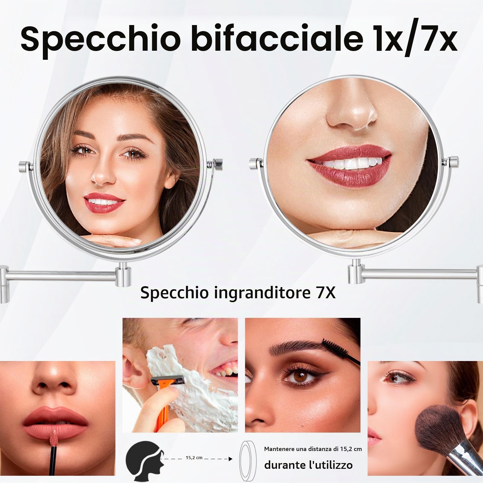 Nicesail Specchio cosmetico da parete con ingrandimento 7x, cromato, per bagno, specchio da barba allungabile, con ingrandimento, montaggio a parete, diametro 20 cm