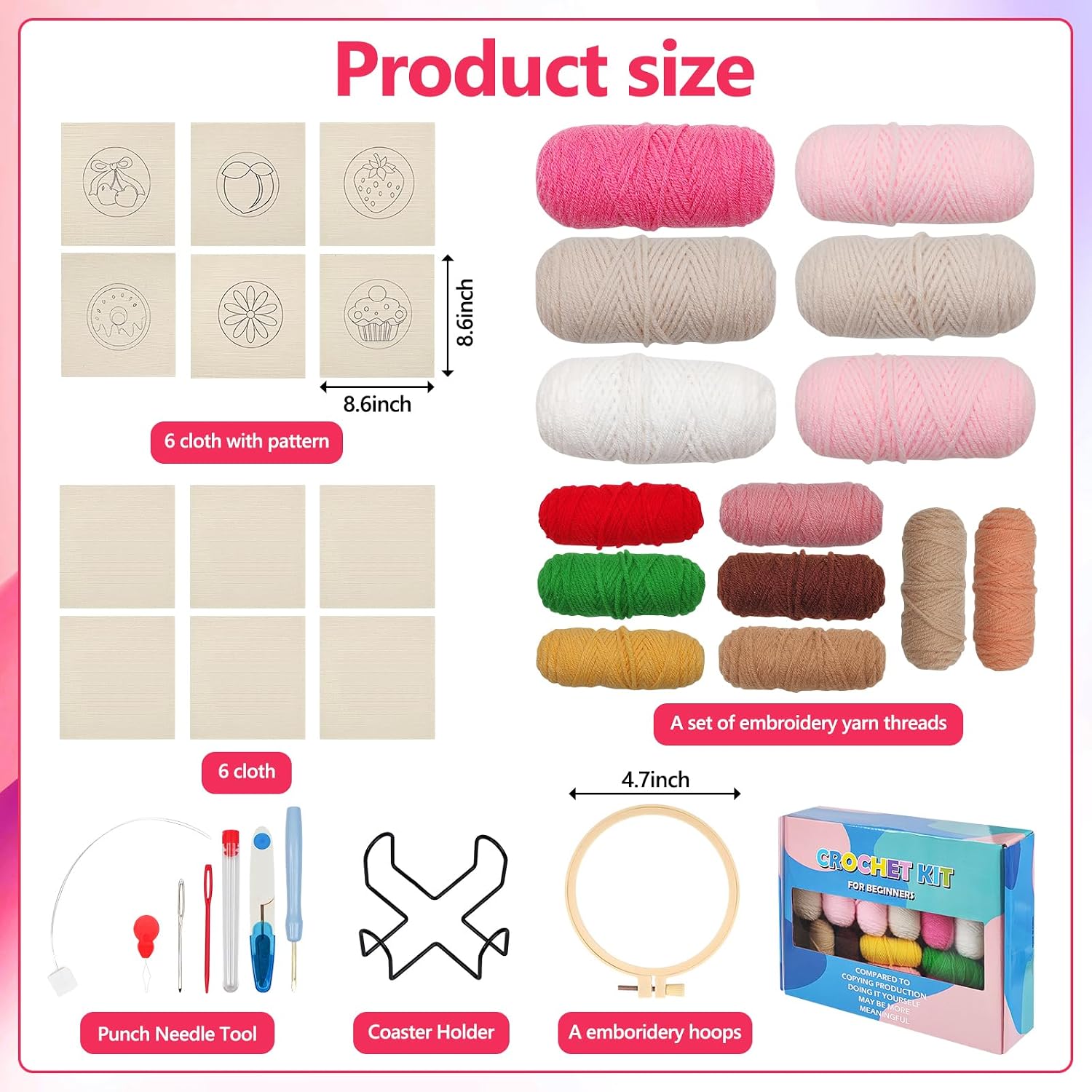 DAECHAO 6 Packs Punch Needle Kit for Beginners Adults, Punch Needle Embroidery Kit Cute Yarns Hoop Instructions Sugar Bloom Patterns Tools Yarn Rug Tufting Coaster Art Crafts