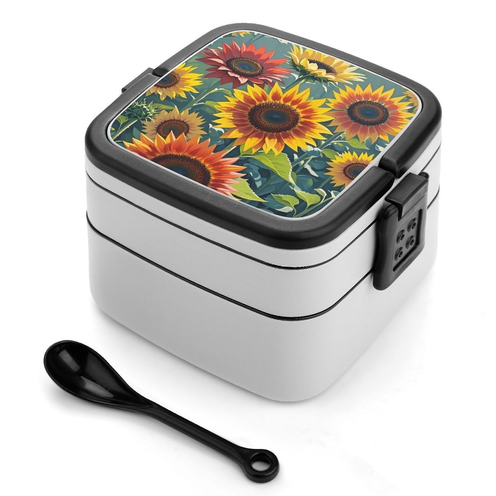 VstaDank Red And Yellow Sunflowers Bento Box with Compartments Portable Lunch Containers with Spoon Leak Proof Bento Lunch Box Snap-On Design Double-Layer Insulated Lunch Boxes for Work Camping
