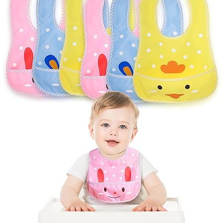 THE LITTLE LOOKERS Baby Bibs/Apron Cute Animated Print with Tich Button & Front Pocket| Easy to Wipe Waterproof PVC Material Bibs for Newborn/Infant/Toddler (Pack of 6)