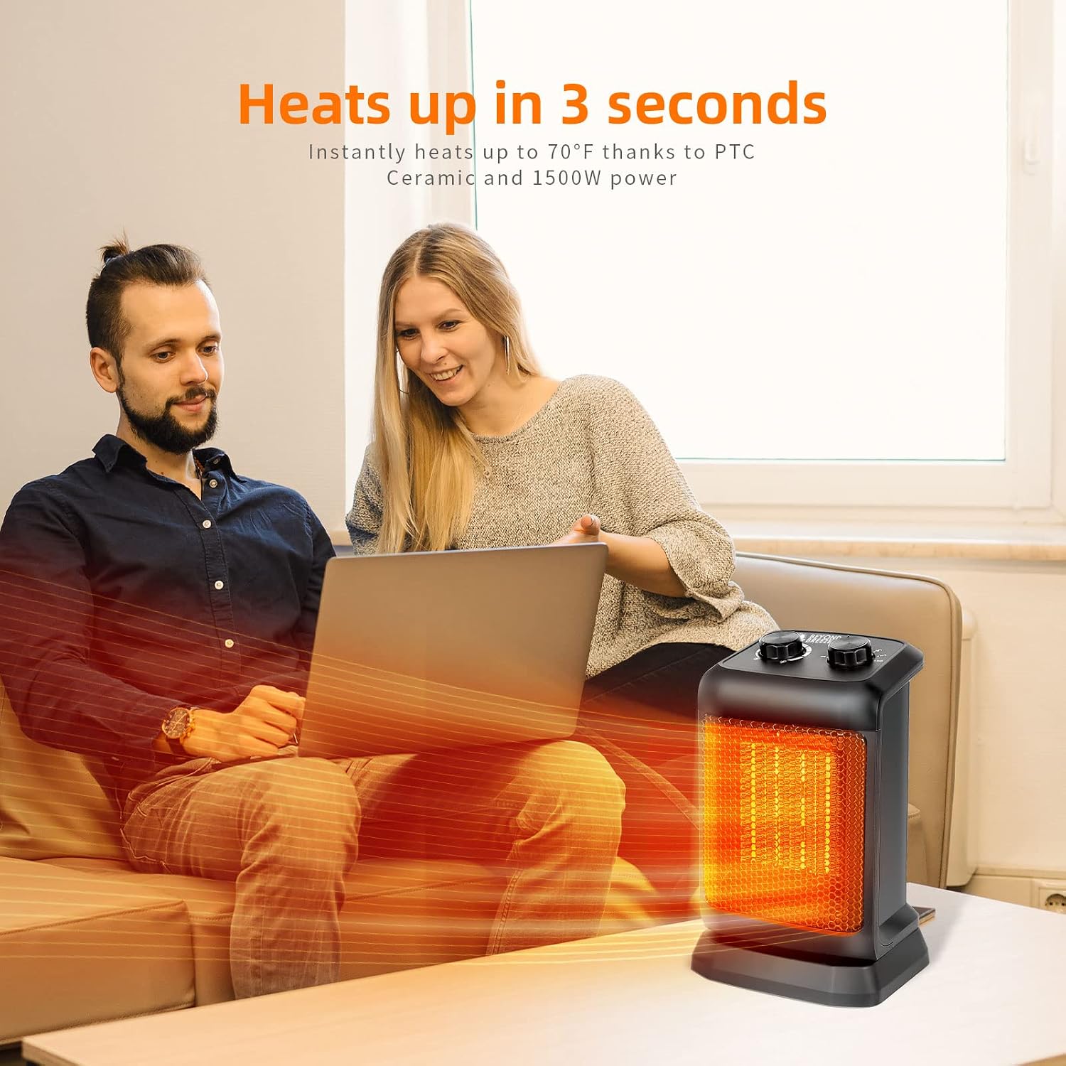 BEYOND BREEZE Space Heater, 1500-Watt Ceramic Oscillating Portable Electric Heater, Small Heater with Adjustable Thermostat, Overheat Protection, Quiet and Safe for Indoor Use Office Bedroom